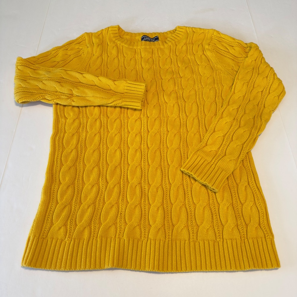 Lands End Drifter Cable Knit Sweater Womens Medium Tall Yellow 100% Cotton Crew - Picture 1 of 10
